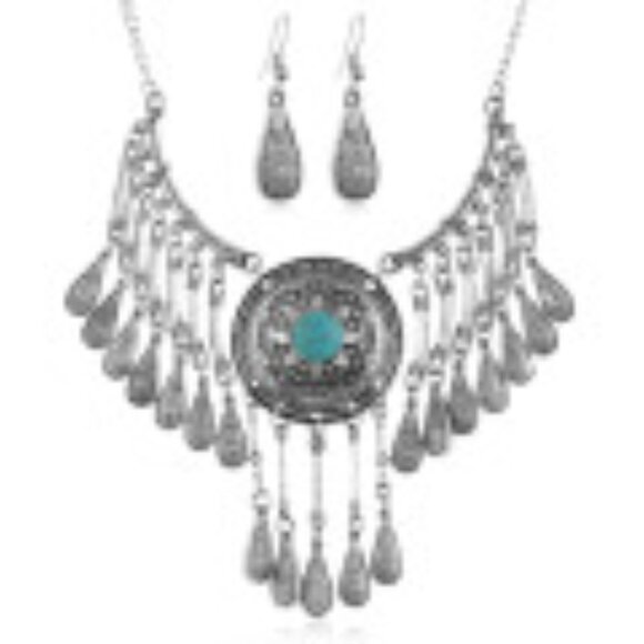 #049 Teardrop Tassel Necklace Set Vintage Geometric Flower Pattern w/Earrings - Picture 4 of 4